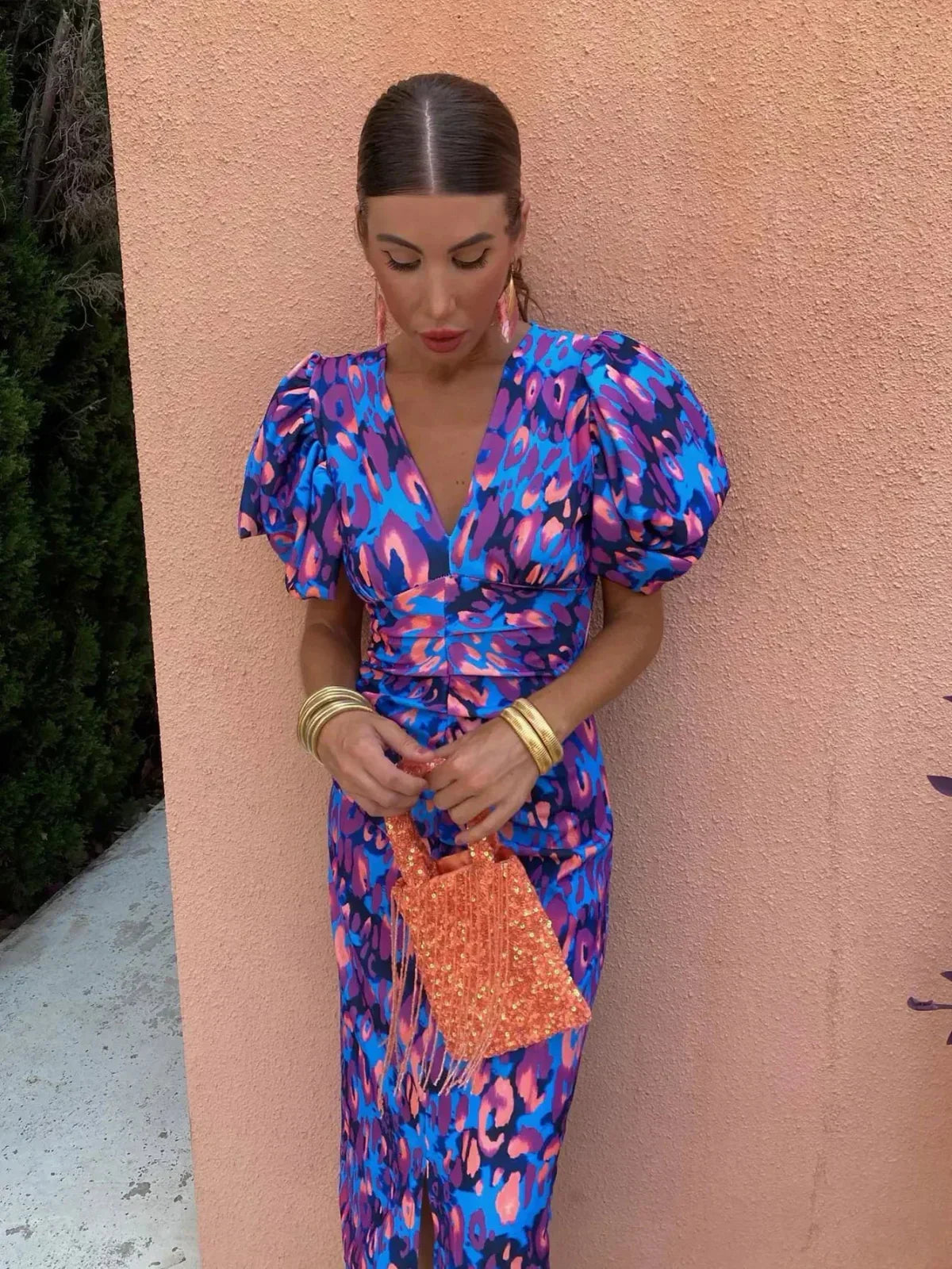 Arielle™ | Women's Colorful Midi Dress with Pleated Sleeves