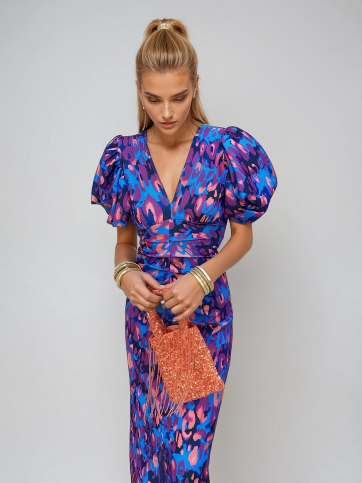 Arielle™ | Women's Colorful Midi Dress with Pleated Sleeves